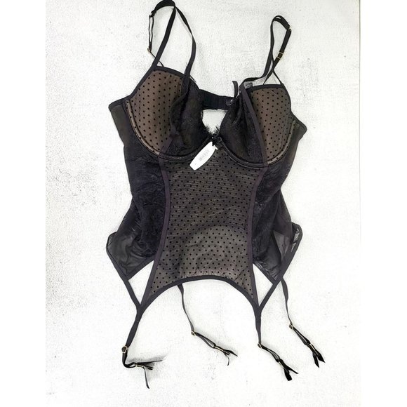 NWT ADORE ME Black Bustier with Garters Top LARGE Bra‎ Balconette Lingerie Lace - Picture 1 of 11